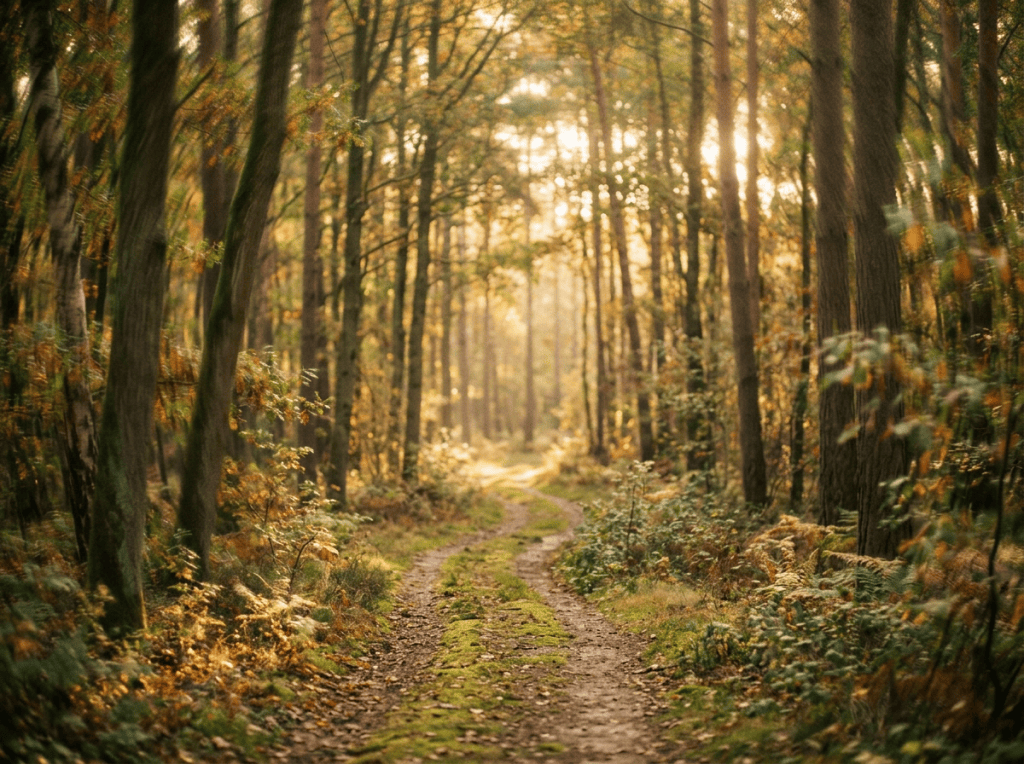 Moss-covered trail winding through a sunlit autumn forest